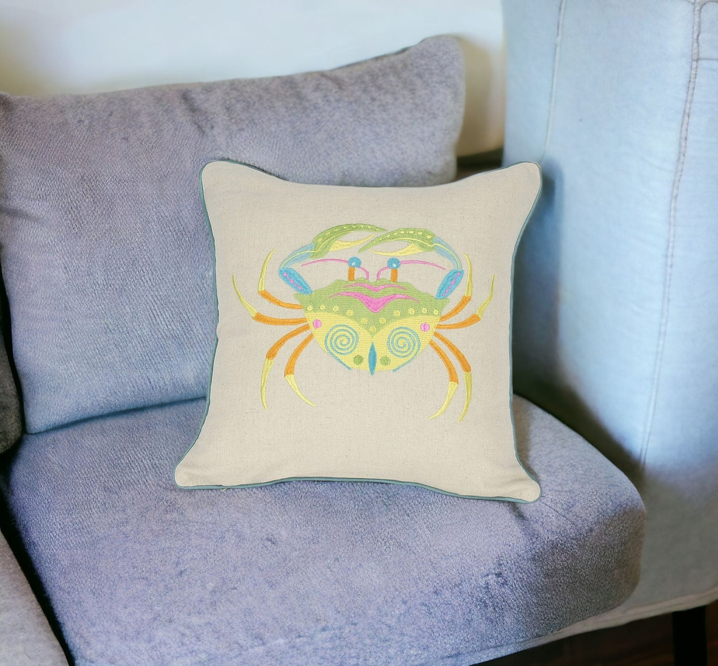 18" x 18" Beige and Aqua Crab Linen Blend Zippered Pillow With Embroidery