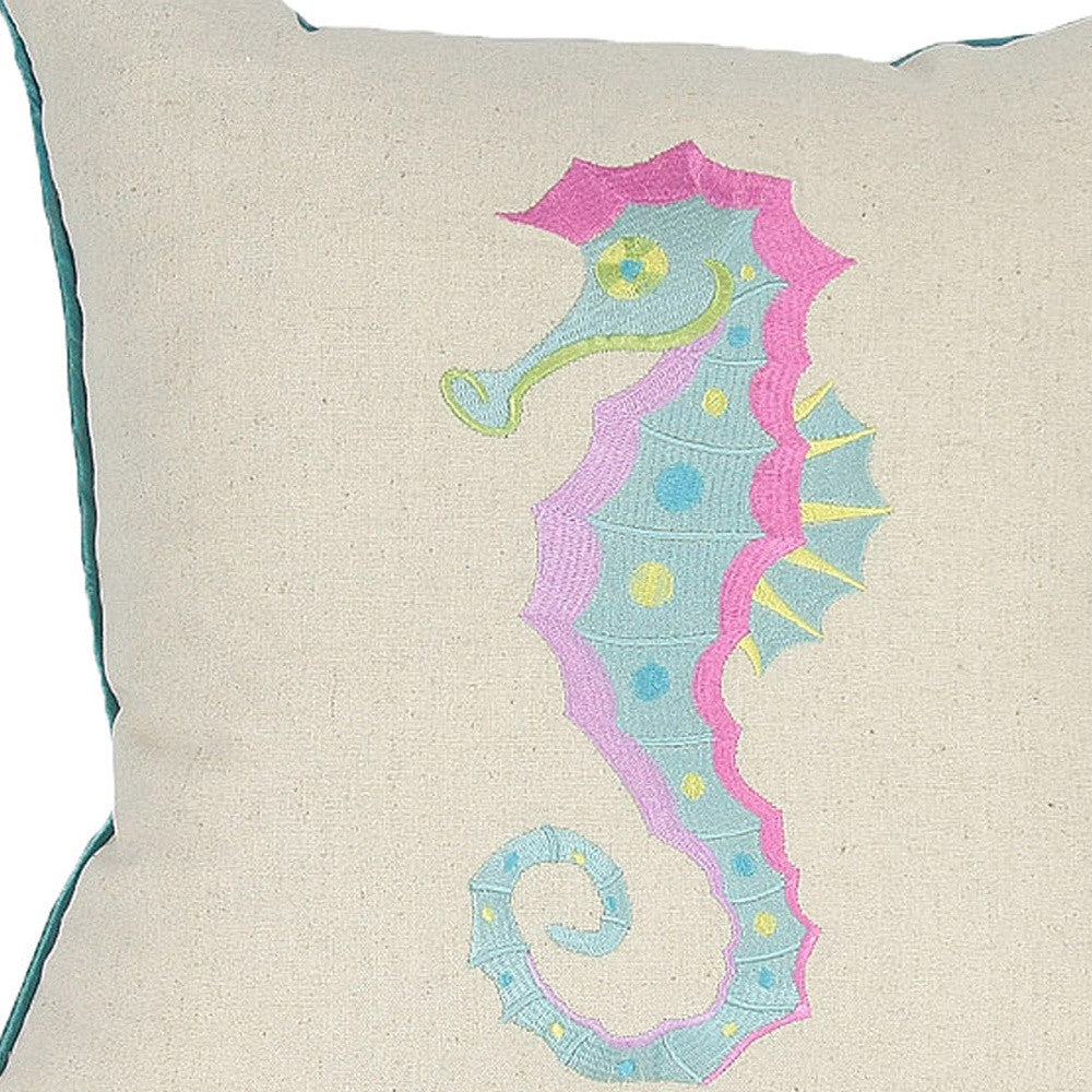 18"x18" Beige and Aqua Seahorse Ocean Linen Blend Zippered Pillow With Embroidery