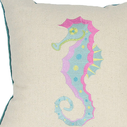 18"x18" Beige and Aqua Seahorse Ocean Linen Blend Zippered Pillow With Embroidery