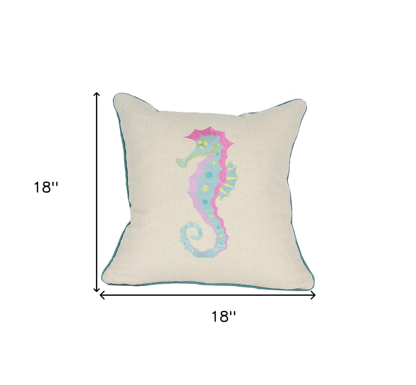 18"x18" Beige and Aqua Seahorse Ocean Linen Blend Zippered Pillow With Embroidery