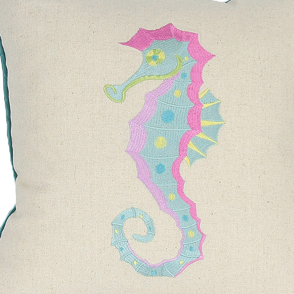 18"x18" Beige and Aqua Seahorse Ocean Linen Blend Zippered Pillow With Embroidery