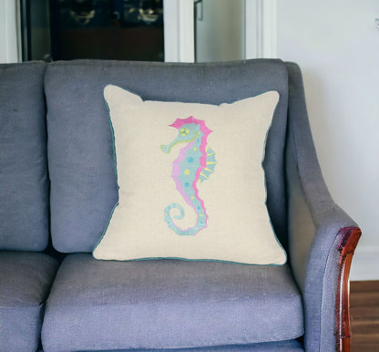 18"x18" Beige and Aqua Seahorse Ocean Linen Blend Zippered Pillow With Embroidery