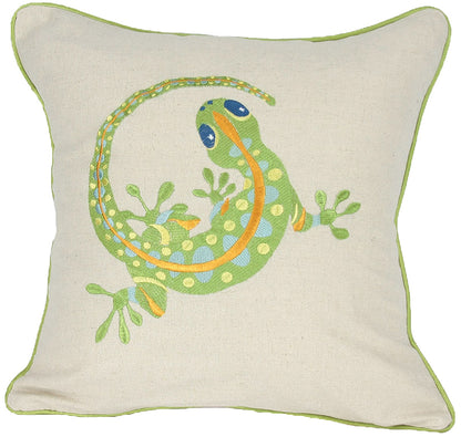 18"x18" Beige and Green Lizard Linen Blend Zippered Pillow With Embroidery