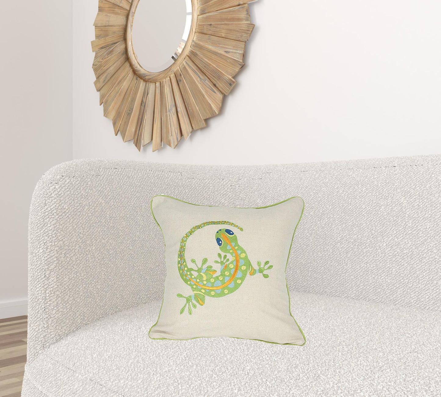 18"x18" Beige and Green Lizard Linen Blend Zippered Pillow With Embroidery