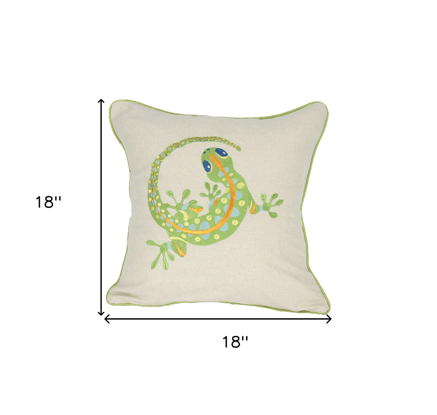 18"x18" Beige and Green Lizard Linen Blend Zippered Pillow With Embroidery