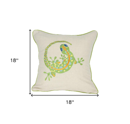 18"x18" Beige and Green Lizard Linen Blend Zippered Pillow With Embroidery