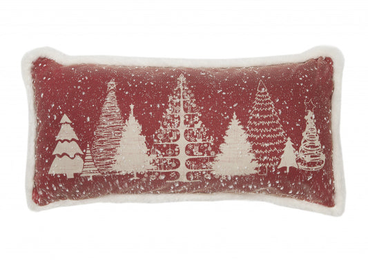 10"x20" Red and Off White Snow Christmas Polyester Winter Trees Zippered Pillow