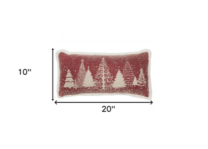 10"x20" Red and Off White Snow Christmas Polyester Winter Trees Zippered Pillow