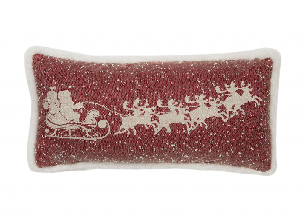 10"x20" Red and Off White Deer Snow Christmas Santa and Sleigh Polyester Zippered Pillow