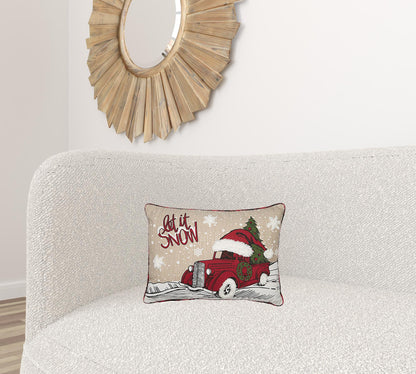 13"x18" Beige and Red Christmas Let It Snow Polyester Zippered Pillow With Applique