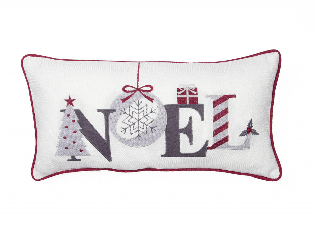 10"x20" Red and Gray Christmas Noel Polyester Zippered Pillow With Embroidery