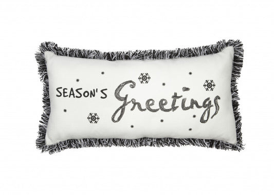 10"x20" Black and White Christmas Seasons Greetings Pillow With Fringe