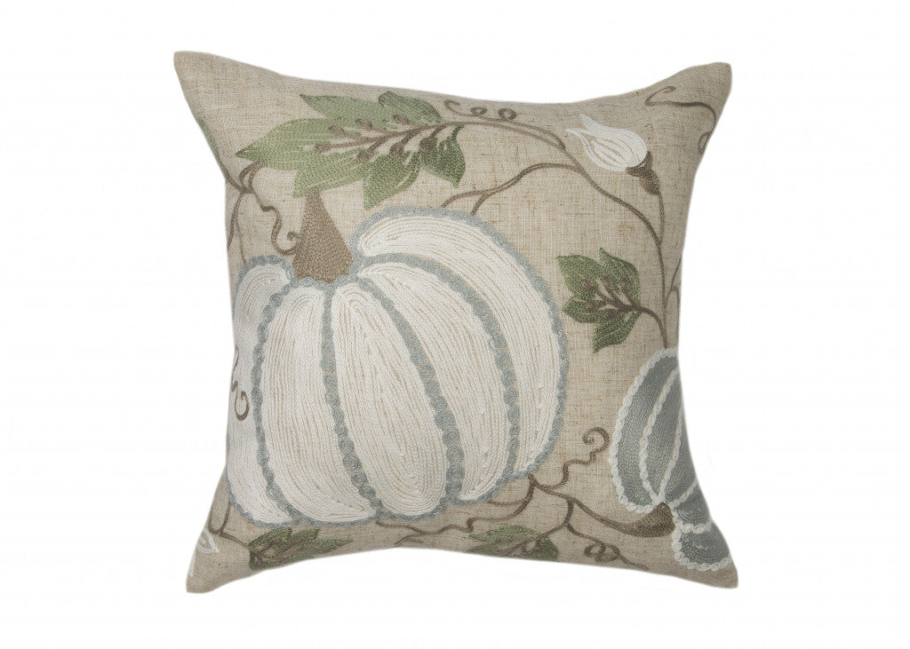 14" X 14" Beige and Green Thanksgiving Pumpkin Linen Blend Zippered Pillow With Embroidery