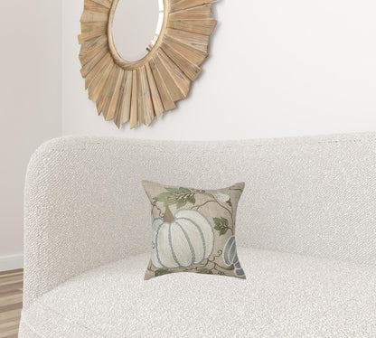 14" X 14" Beige and Green Thanksgiving Pumpkin Linen Blend Zippered Pillow With Embroidery