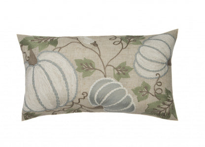 12" X 20" Beige and Green Thanksgiving Pumpkin Linen Blend Zippered Pillow With Embroidery