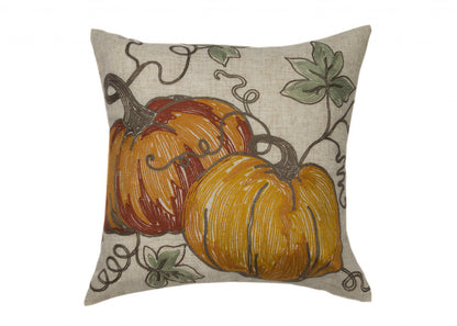 14" X 14" Green and Orange Thanksgiving Pumpkin Linen Blend Zippered Pillow With Embroidery