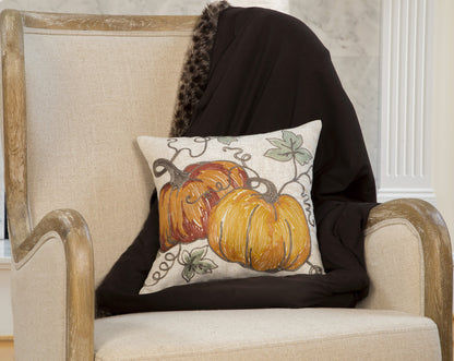 14" X 14" Green and Orange Thanksgiving Pumpkin Linen Blend Zippered Pillow With Embroidery