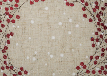 14" X 14" Beige and Red Christmas Wreath Linen Blend Zippered Pillow With Embroidery