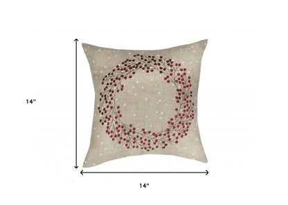 14" X 14" Beige and Red Christmas Wreath Linen Blend Zippered Pillow With Embroidery