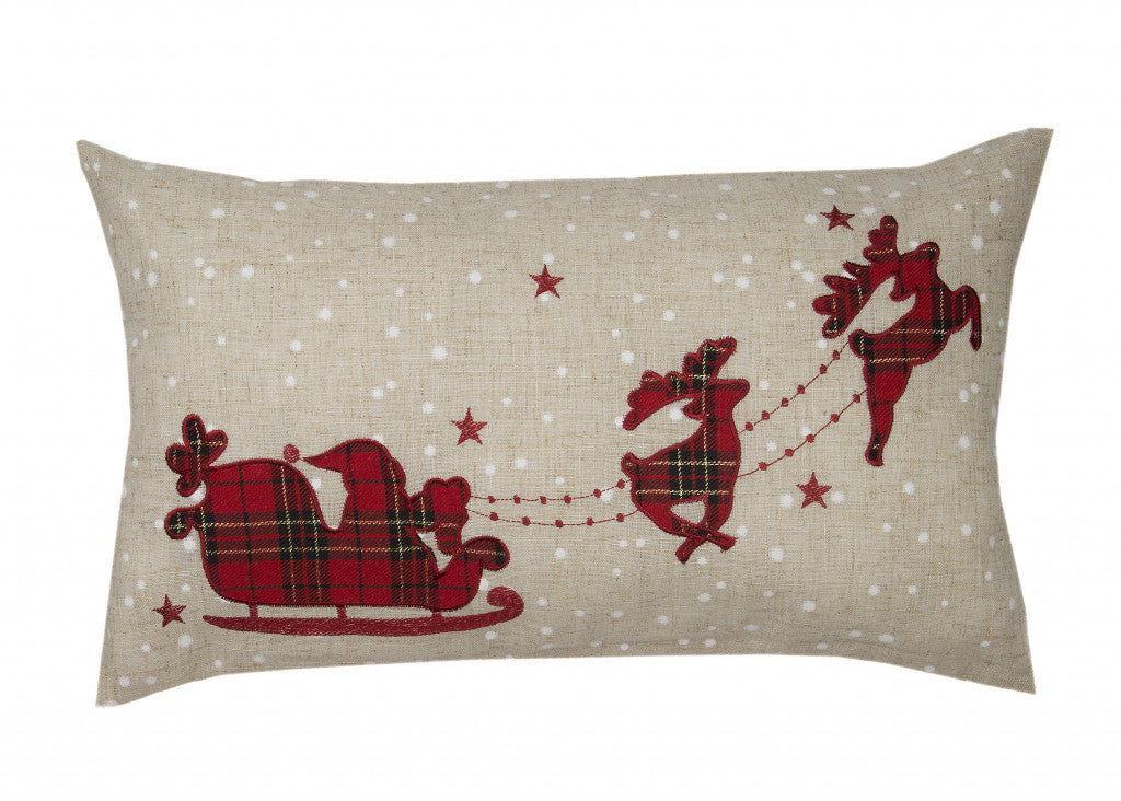 12" X 20" Beige and Red Reindeer Christmas Santa and Sleigh Linen Blend Zippered Pillow With Applique