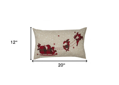 12" X 20" Beige and Red Reindeer Christmas Santa and Sleigh Linen Blend Zippered Pillow With Applique