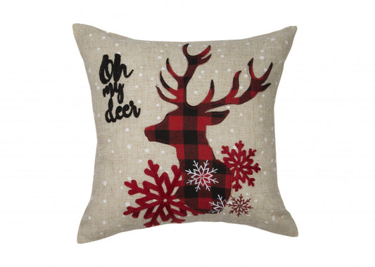 14" X 14" Beige and Red Deer Christmas Reindeer Linen Blend Zippered Pillow With Embroidery