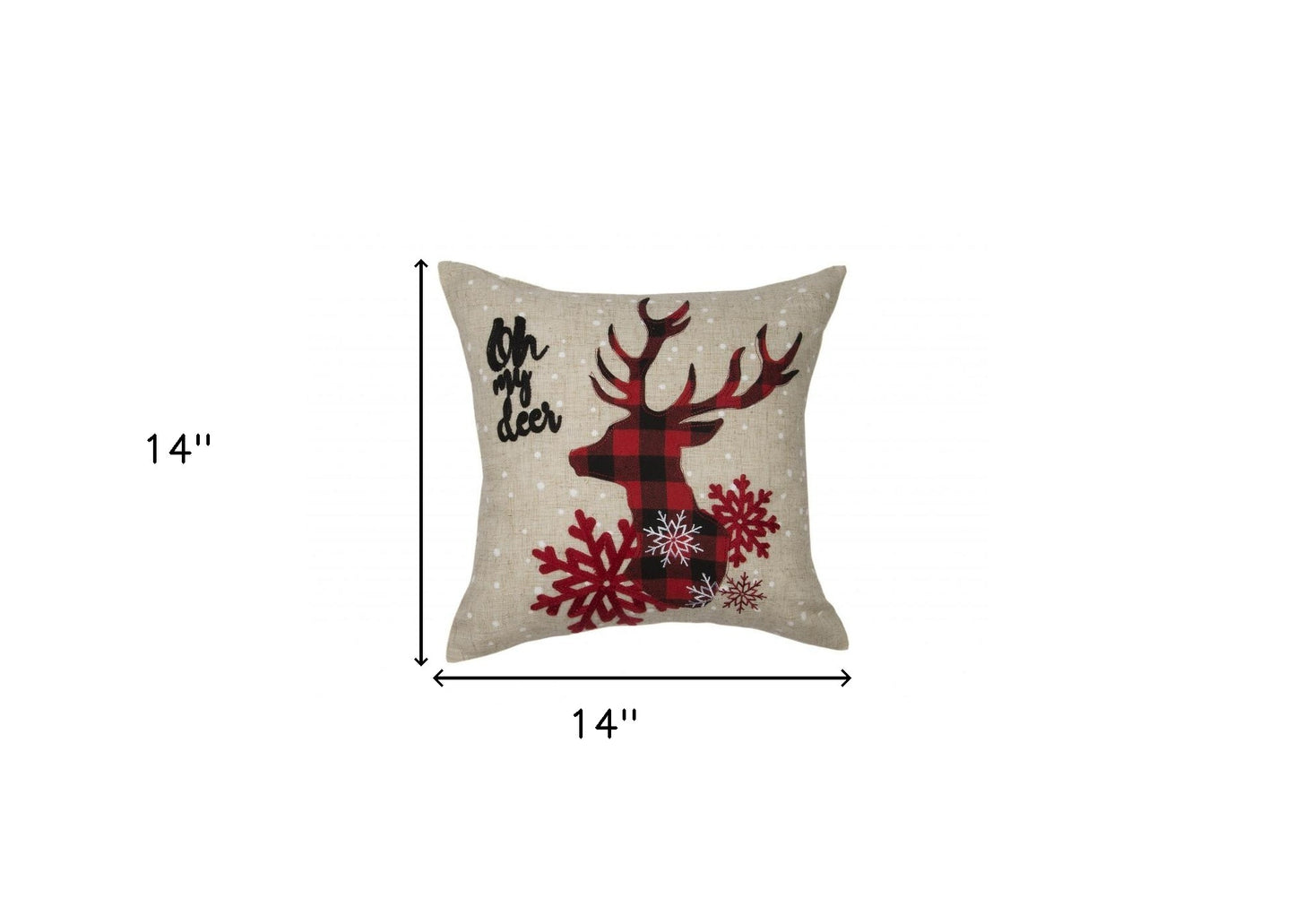 14" X 14" Beige and Red Deer Christmas Reindeer Linen Blend Zippered Pillow With Embroidery