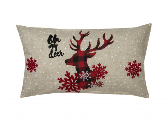 12" X 20" Beige and Red Deer Christmas Reindeer Linen Blend Zippered Pillow With Embroidery