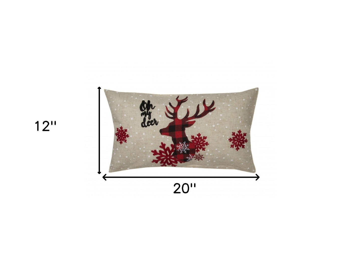 12" X 20" Beige and Red Deer Christmas Reindeer Linen Blend Zippered Pillow With Embroidery