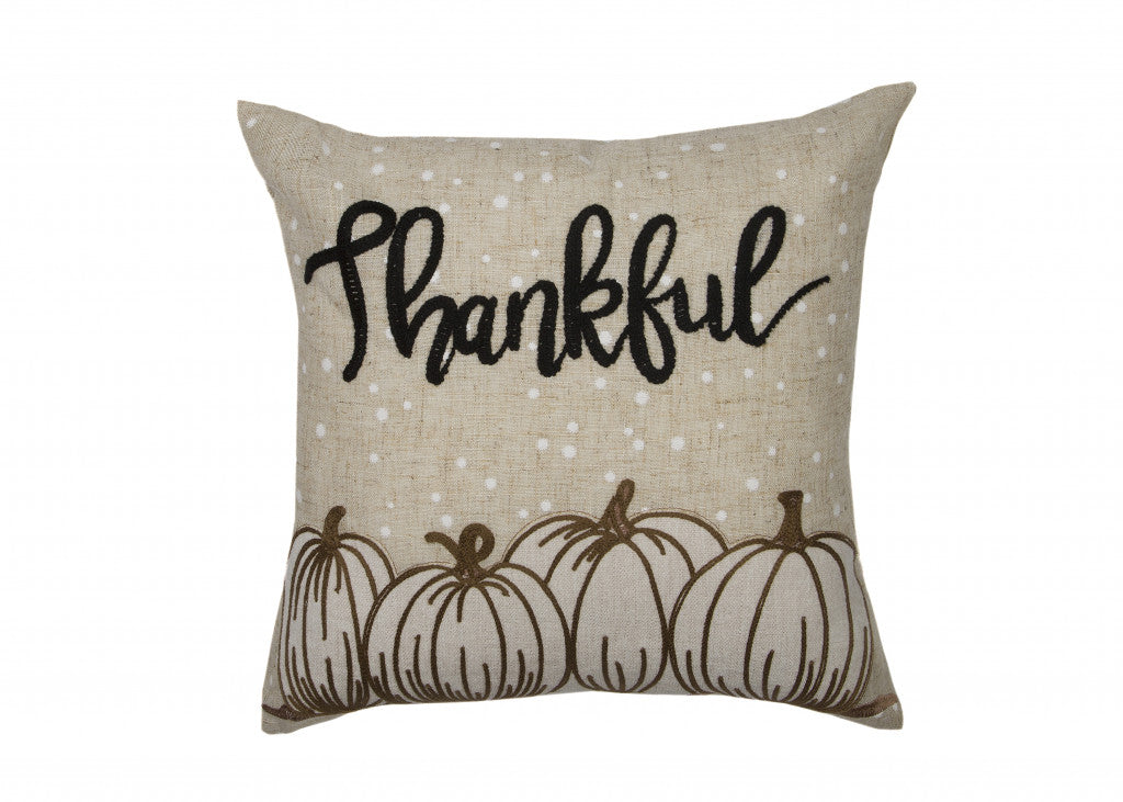 14" X 14" Beige and White Thanksgiving Pumpkin Linen Blend Zippered Pillow With Applique