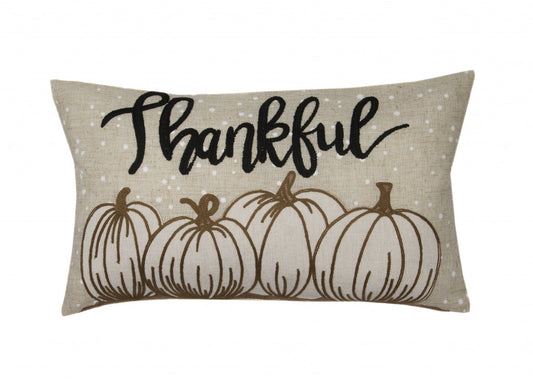 12" X 20" Beige and White Thanksgiving Pumpkin Linen Blend Zippered Pillow With Applique