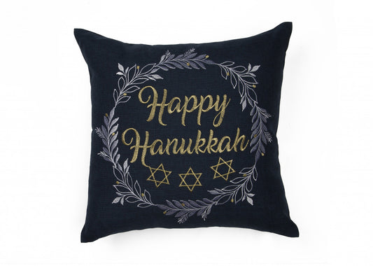 14" X 14" Black and Gray Hanukkah Polyester Zippered Pillow With Embroidery