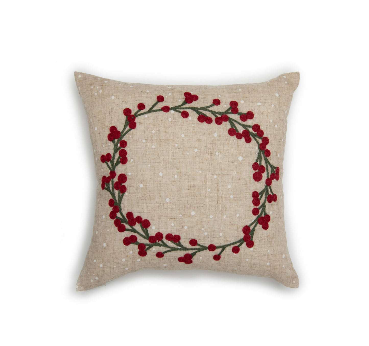 14" X 14" Beige and Red Christmas Wreath Linen Blend Zippered Pillow With Embroidery