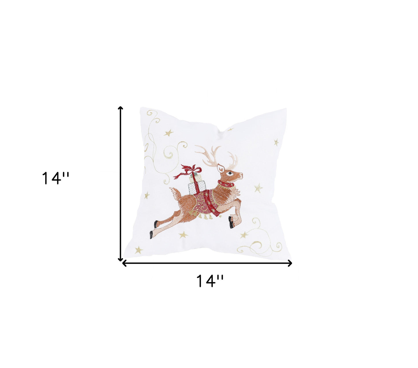 14" X 14" White and Gold Reindeer Christmas Reindeer Polyester Zippered Pillow With Embroidery