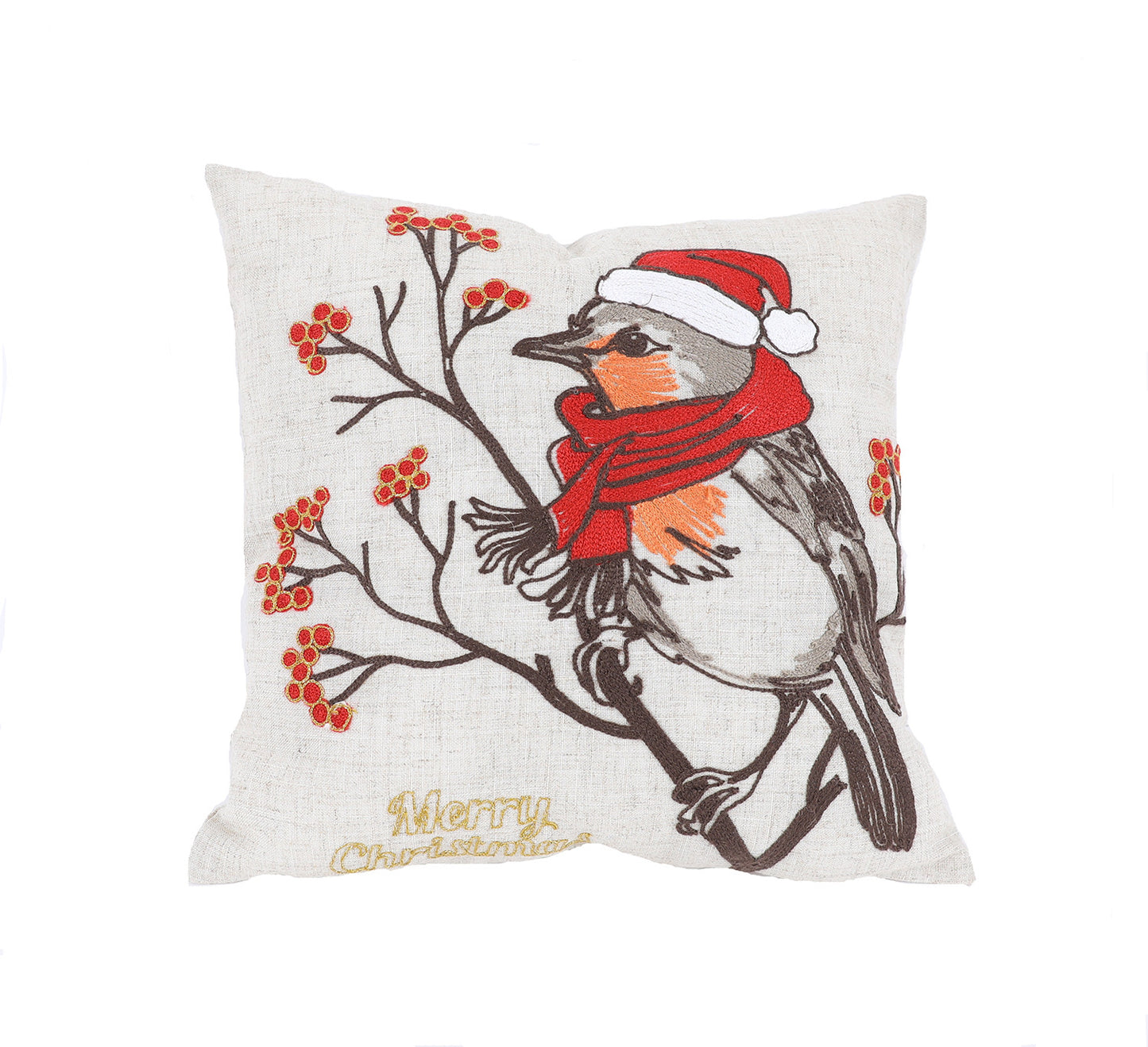 14" X 14" Gray and Red Bird Christmas Linen Linen Blend Zippered Pillow With Embroidery