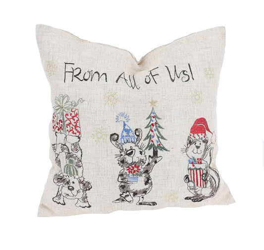 14" X 14" Beige and Gray Dog Christmas Linen Linen Blend Zippered Pillow With Embroidery