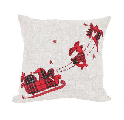 14" X 14" Gray and Red Reindeer Christmas Santa and Sleigh Linen Blend Zippered Pillow With Applique