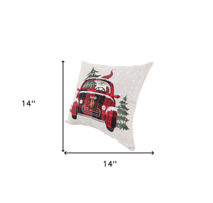 14" X 14" Gray and Red Christmas Holiday Van Linen Blend Zippered Pillow With Embroidery