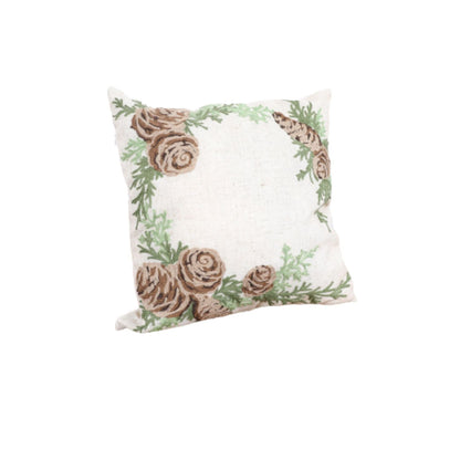 14" X 14" Gray Brown and Green Christmas Floral Linen Blend Zippered Pillow