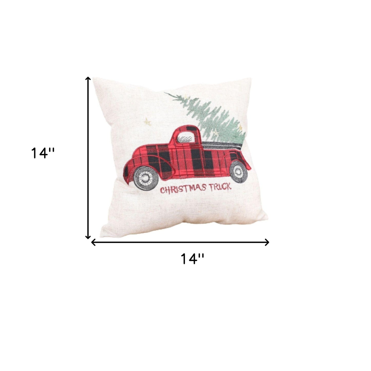 14" X 14" Beige and Red Christmas Holiday Red Truck Linen Blend Zippered Pillow With Embroidery