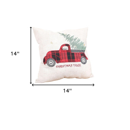 14" X 14" Beige and Red Christmas Holiday Red Truck Linen Blend Zippered Pillow With Embroidery