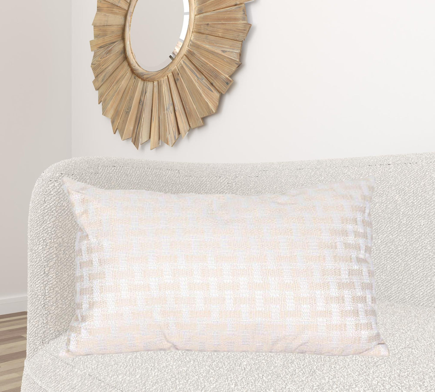 22" X 22" Beige and White Checkered Polyester Zippered Pillow