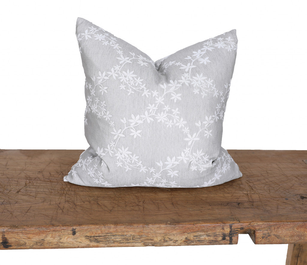 20" X 20" Gray and White Floral Polyester Zippered Pillow