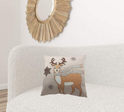 18" X 18" Beige and Brown Deer Christmas Reindeer Polyester Zippered Pillow