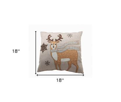 18" X 18" Beige and Brown Deer Christmas Reindeer Polyester Zippered Pillow