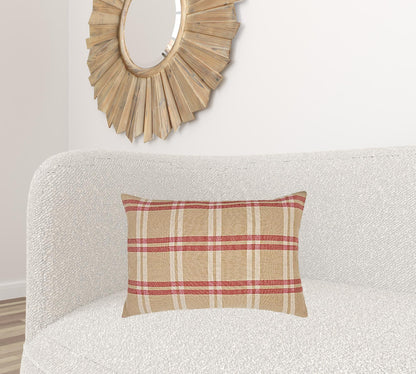 16" X 24" Brown and Red Checkered Linen Blend Zippered Pillow