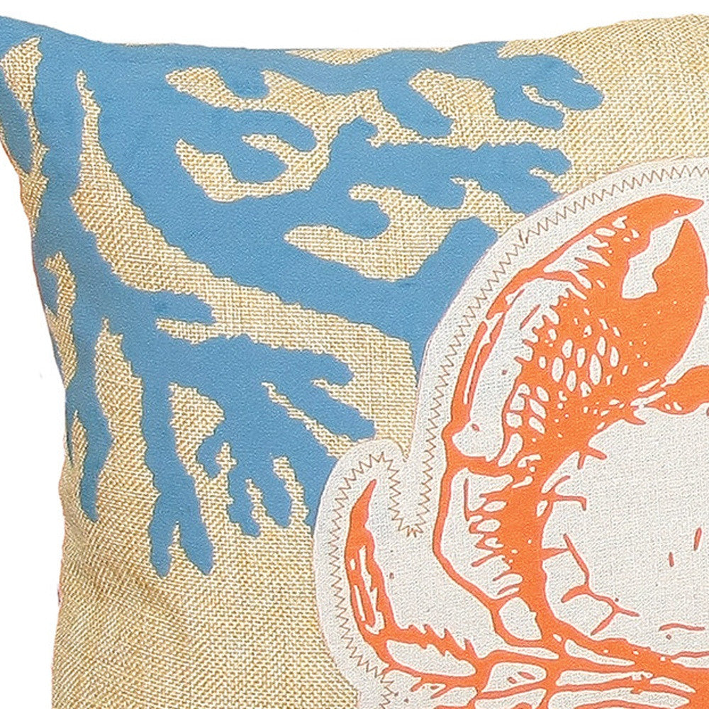 13" X 18" Blue and Orange Crab Coastal Polyester Pillow With Applique