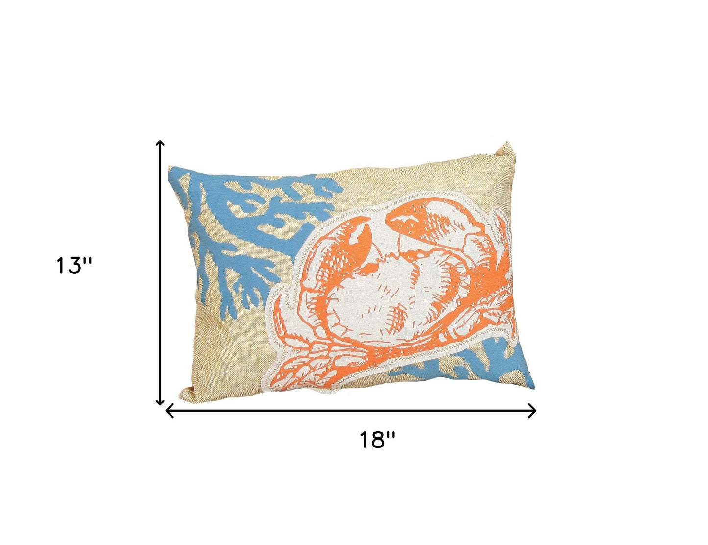 13" X 18" Blue and Orange Crab Coastal Polyester Pillow With Applique