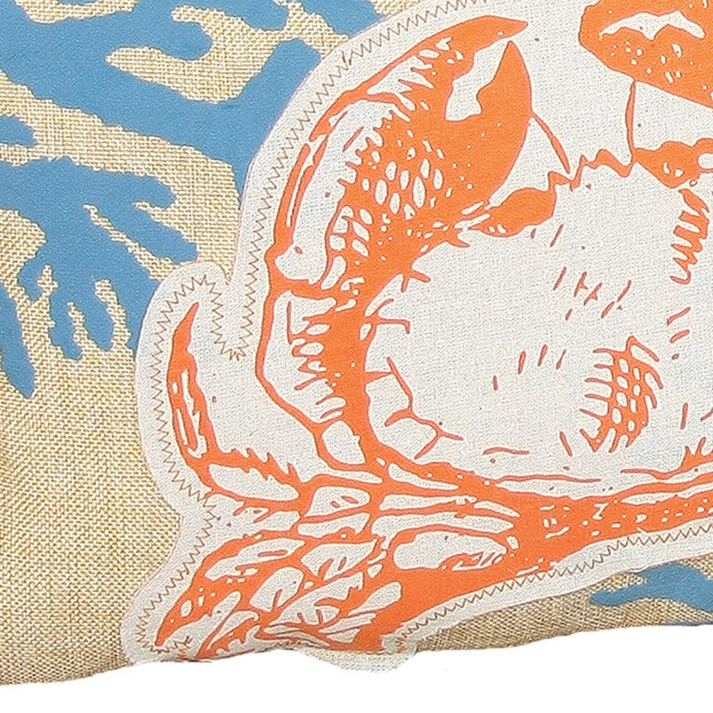 13" X 18" Blue and Orange Crab Coastal Polyester Pillow With Applique