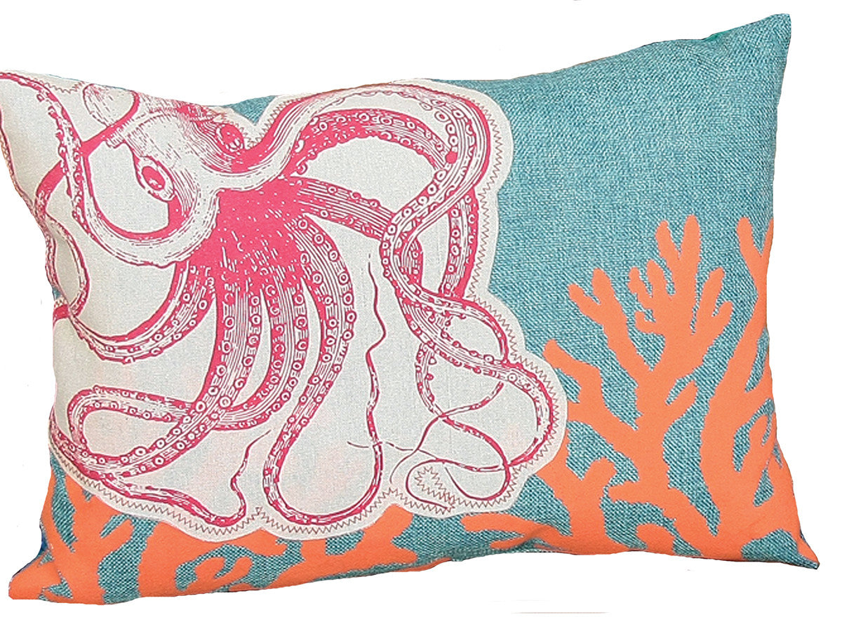 13" X 18" Red Orange Octopus Coastal Polyester Pillow With Applique